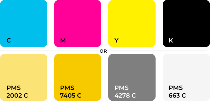 swatch showing the colors cyan, magenta, yellow, black and 4 PMS colors of yellow and grey