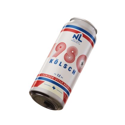 Beer can with red and blue printing